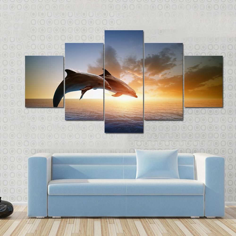 Jumping Dolphins Couple Beautiful Sea Sunset Animal 5 Panel Canvas Art Wall Decor