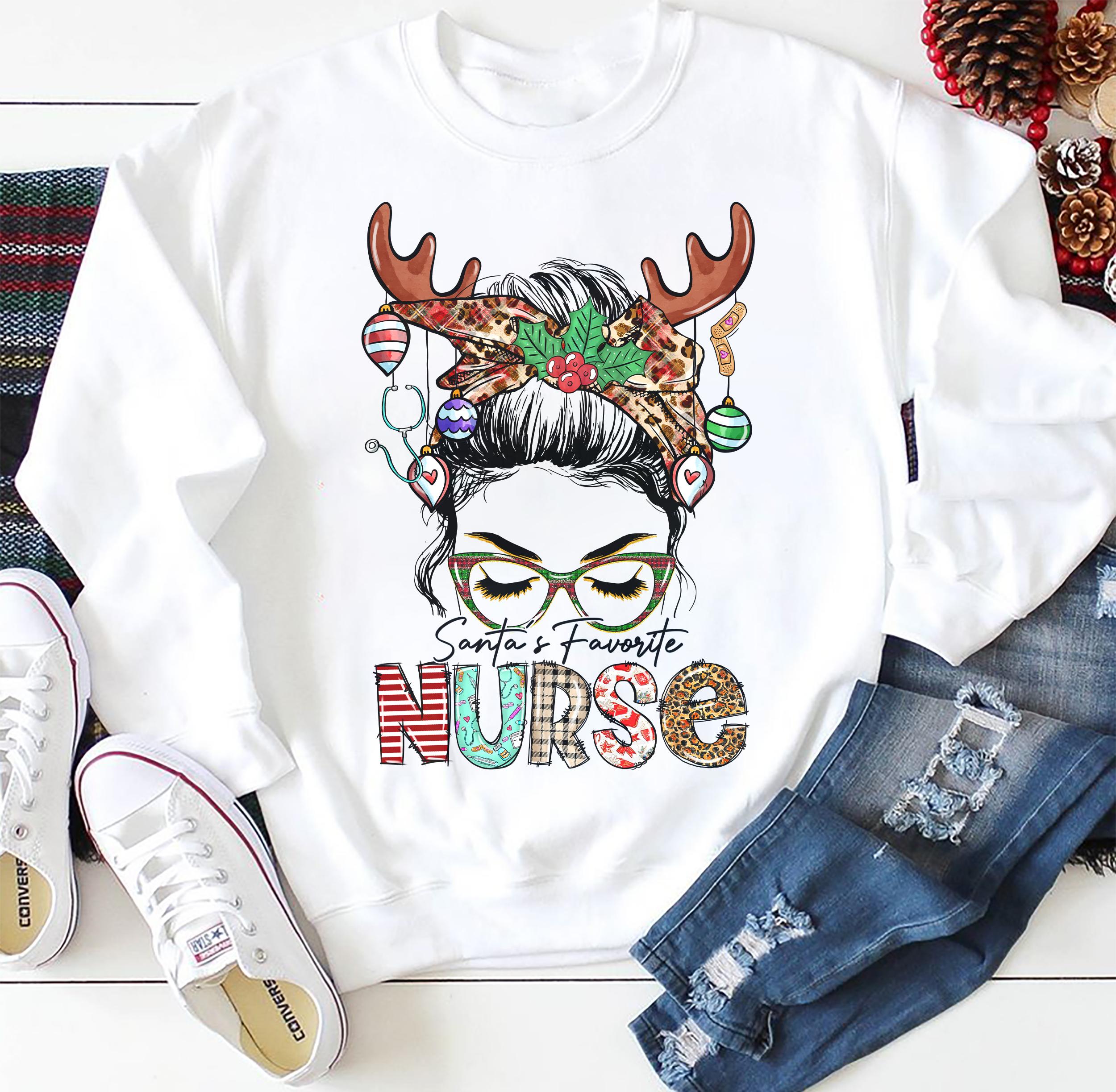 Classic Sweatshirt & Hoodie For Nurse Santa’S Favorite Nurse Messy Bun Hair Leopard Red Buffalo Plaid Design