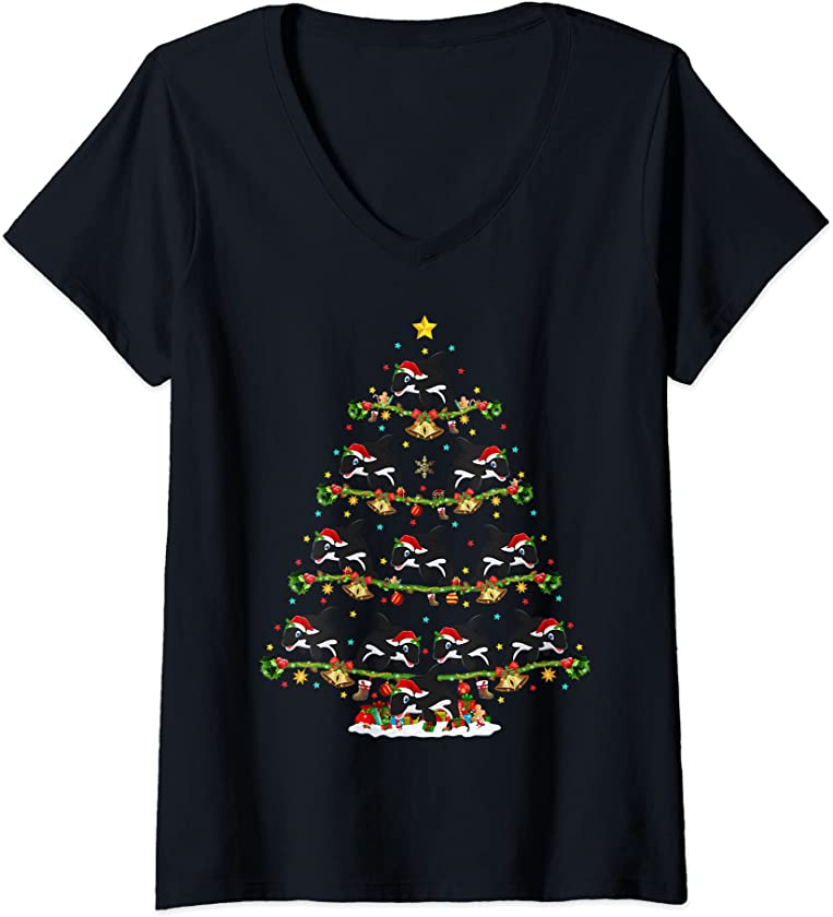 Womens Orca Lover Lights Xmas Santa Orca Christmas Tree V-Neck T-Shirt