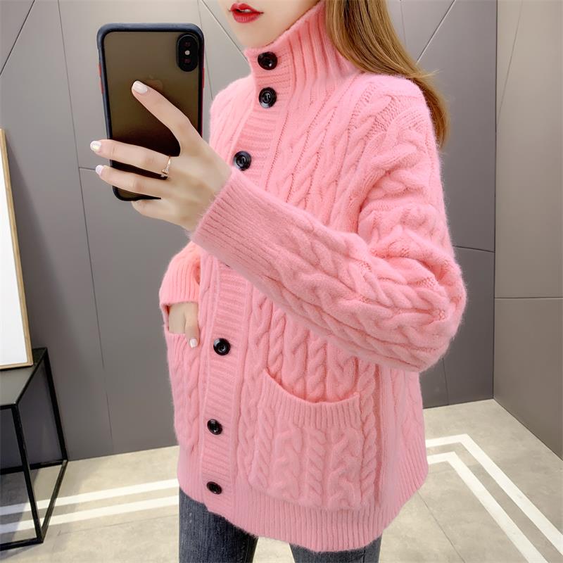 2021 Autumn Winter Korean Fashion Casual Knit Cardigan Women’s Single-Breasted Turtleneck Loose Femme Sweater Coat Top Femme alx