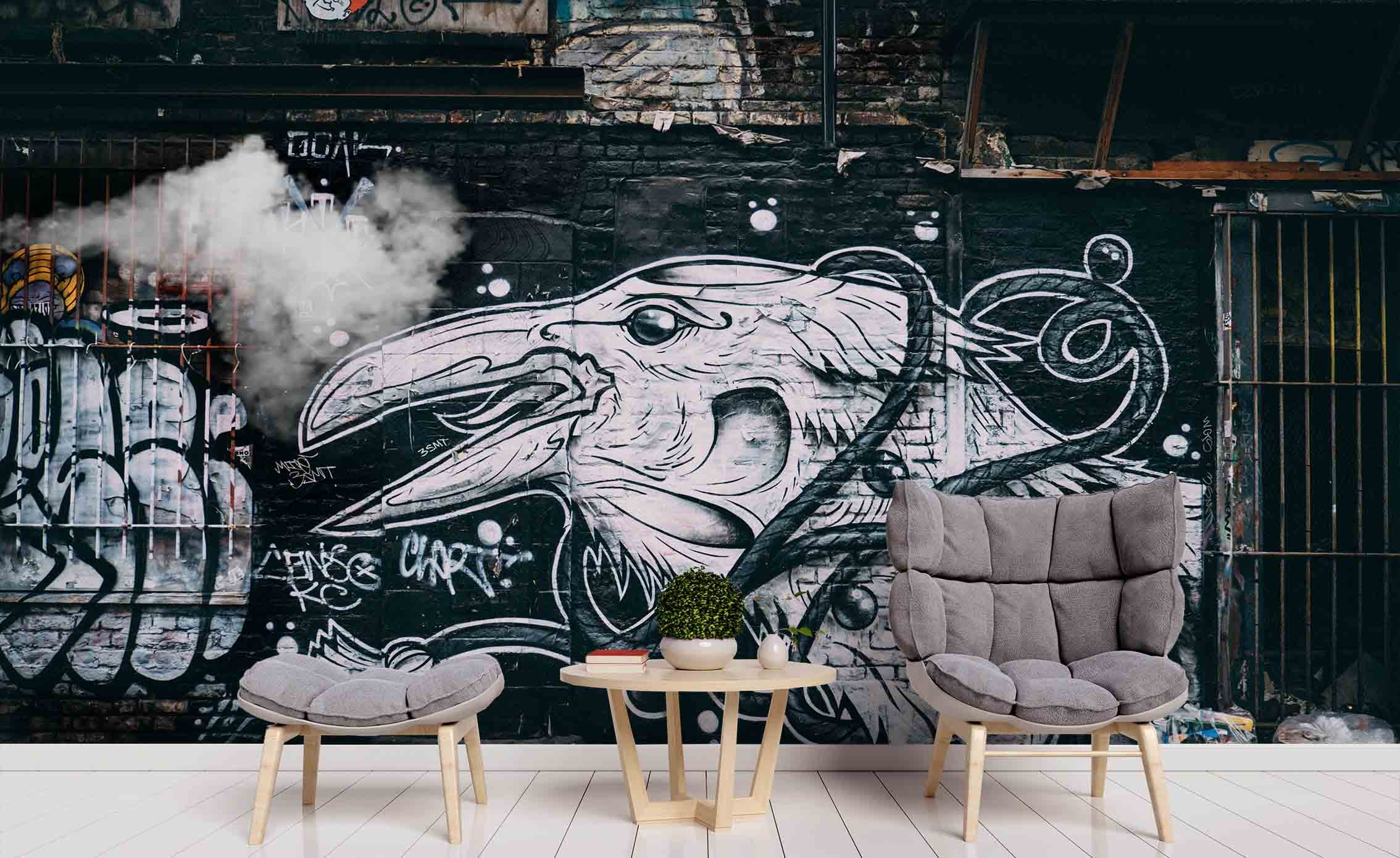 3D Black White Graffiti Art Animal Eagle Wall Mural Wallpaper Zy D72