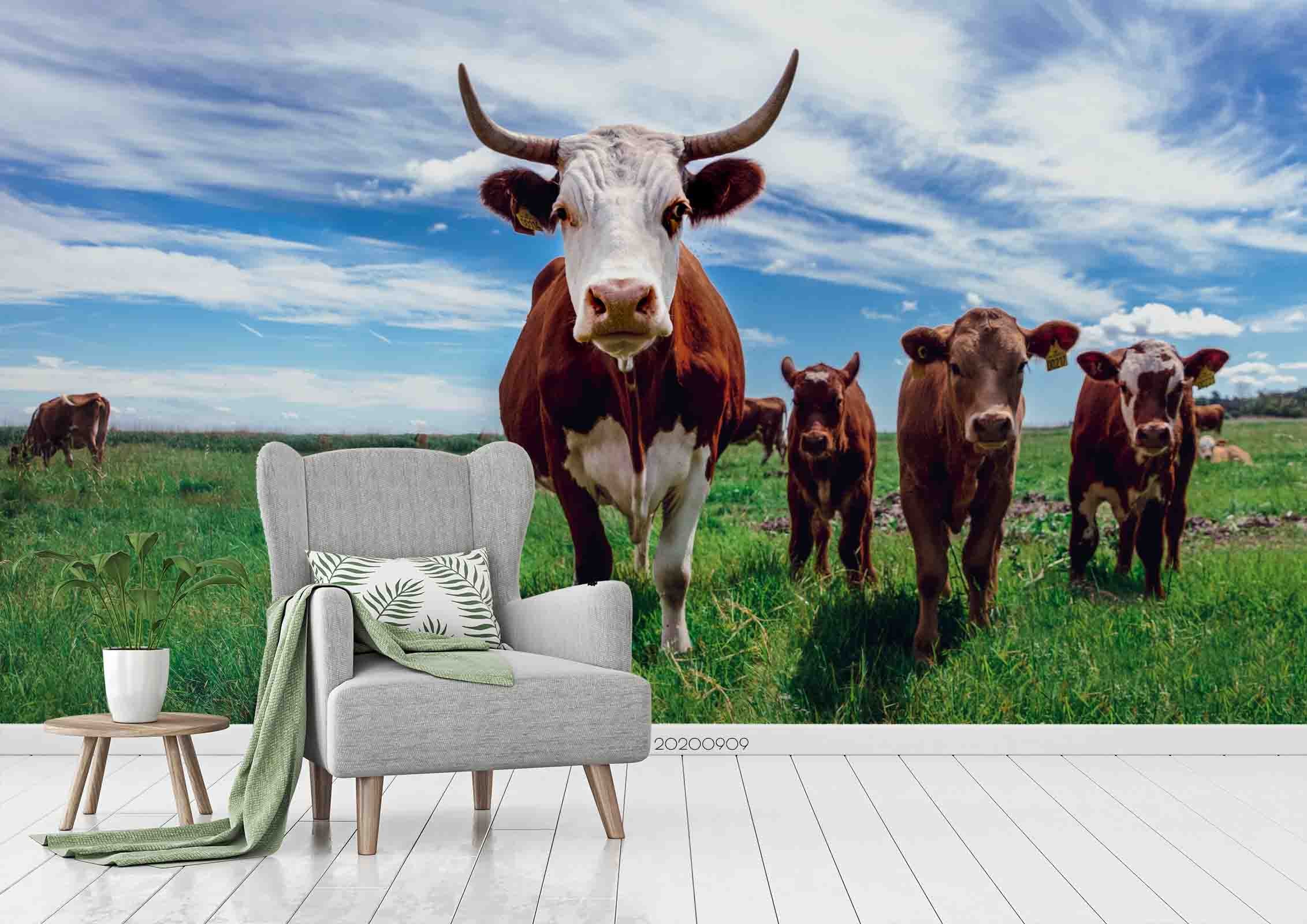 3D Blue Sky Green Grassland Cow Animal Wall Mural Wallpaper Lxl 319