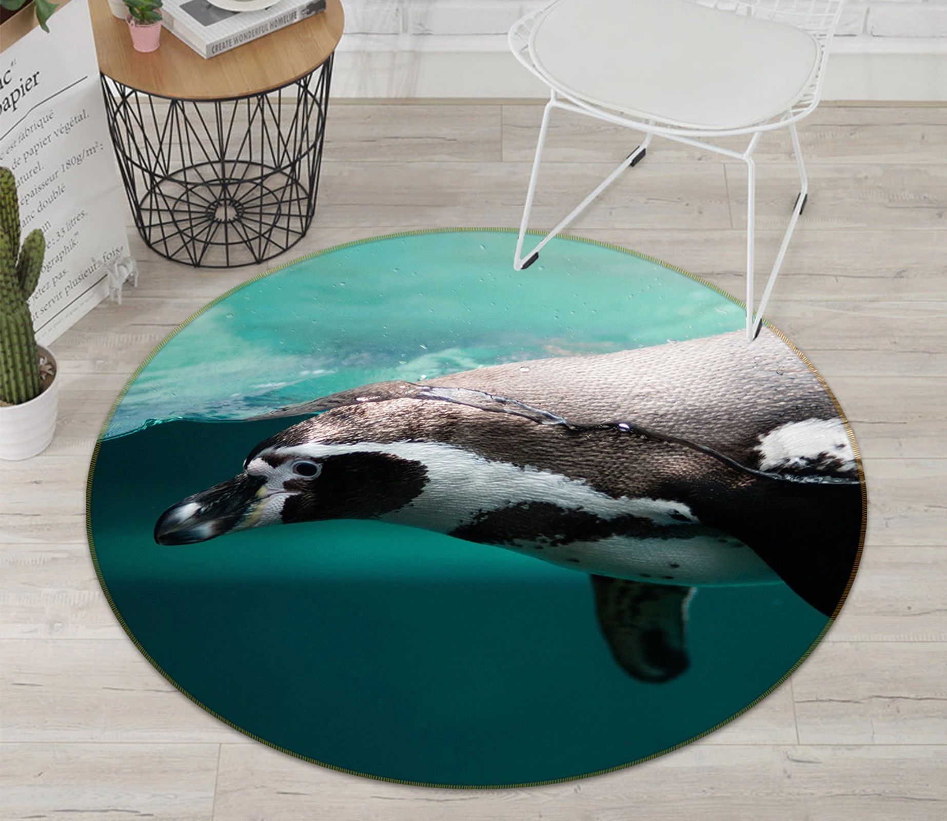 Lovely Penguin Swimming Printed Round Rug – Round Carpet Home Decor