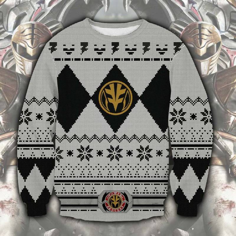 White Power Rangers Knitting Pattern 3D Print Ugly Christmas Sweatshirt