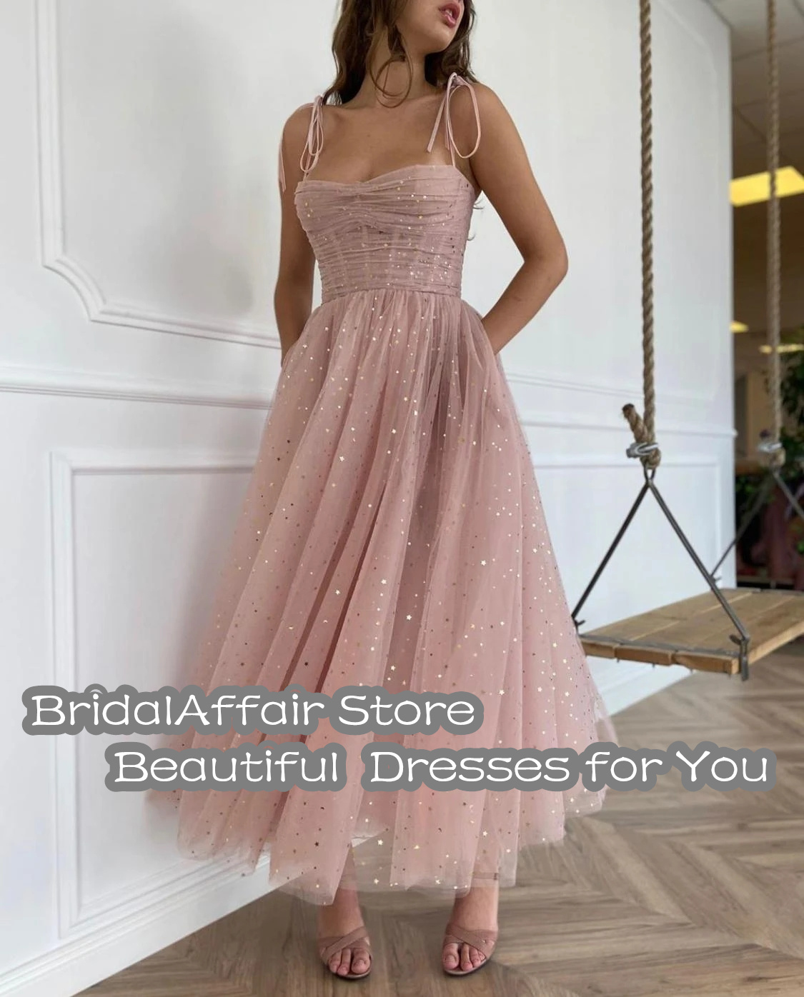 BridalAffair 2021 Glitter Raffia Cream Pink Tulle Prom Dresses With Golden Stars Spaghetti Straps Backless Long Party Gowns alx