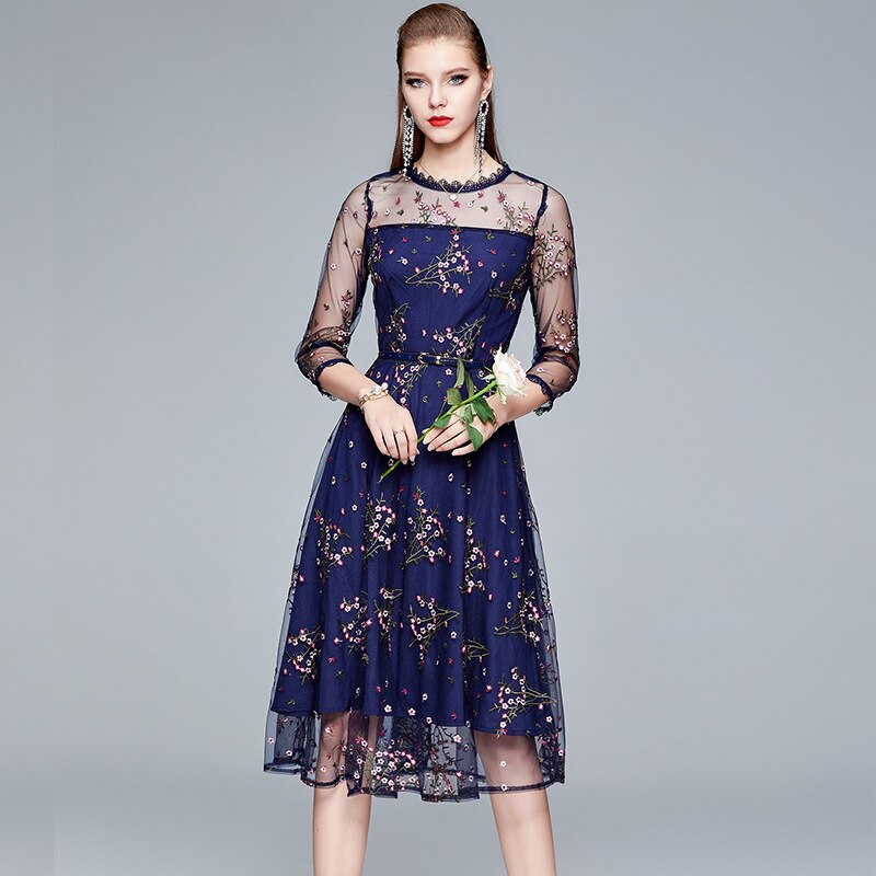 Temperament Women Luxury Embroidery Mesh Dress Elegant Party Robe Femme Vintage Designer Floral Casual Blue Big Swing Vestidos alx