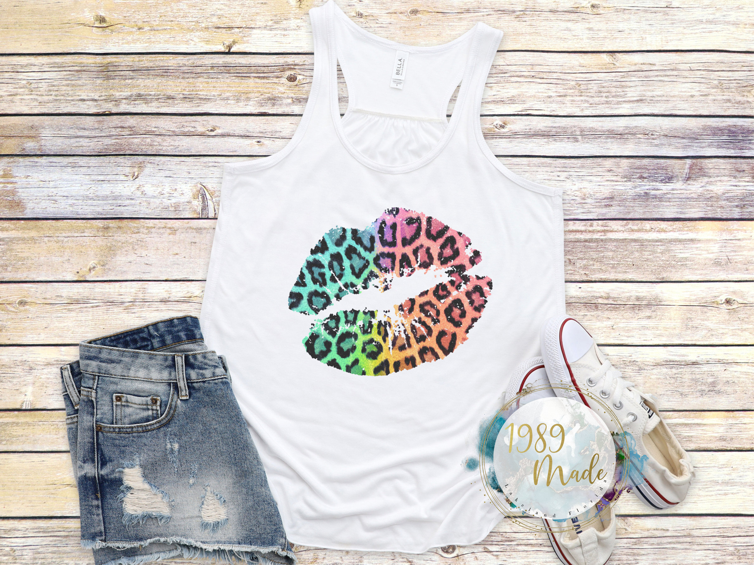 Retro Rainbow Leopard Print Lips Tee, Tank