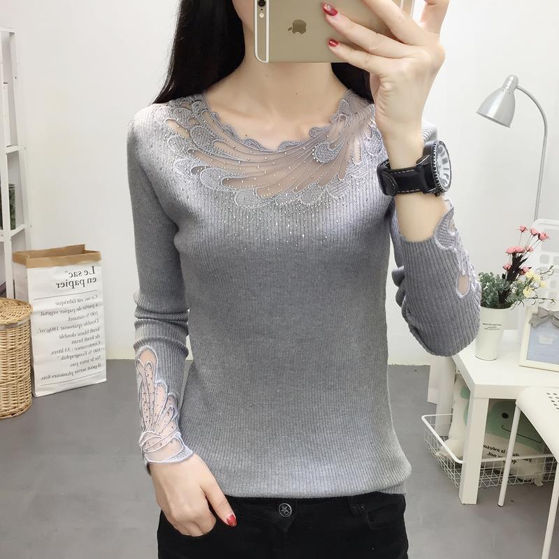 2020 New Lace Women’s Sweater Spring and Autumn Pullover Low-Neck Slim Fit Elastic Bottoming Sweater Black Top alx