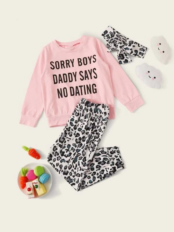 Toddler Girls Slogan Graphic Sweatshirt & Leopard Pants & Headband