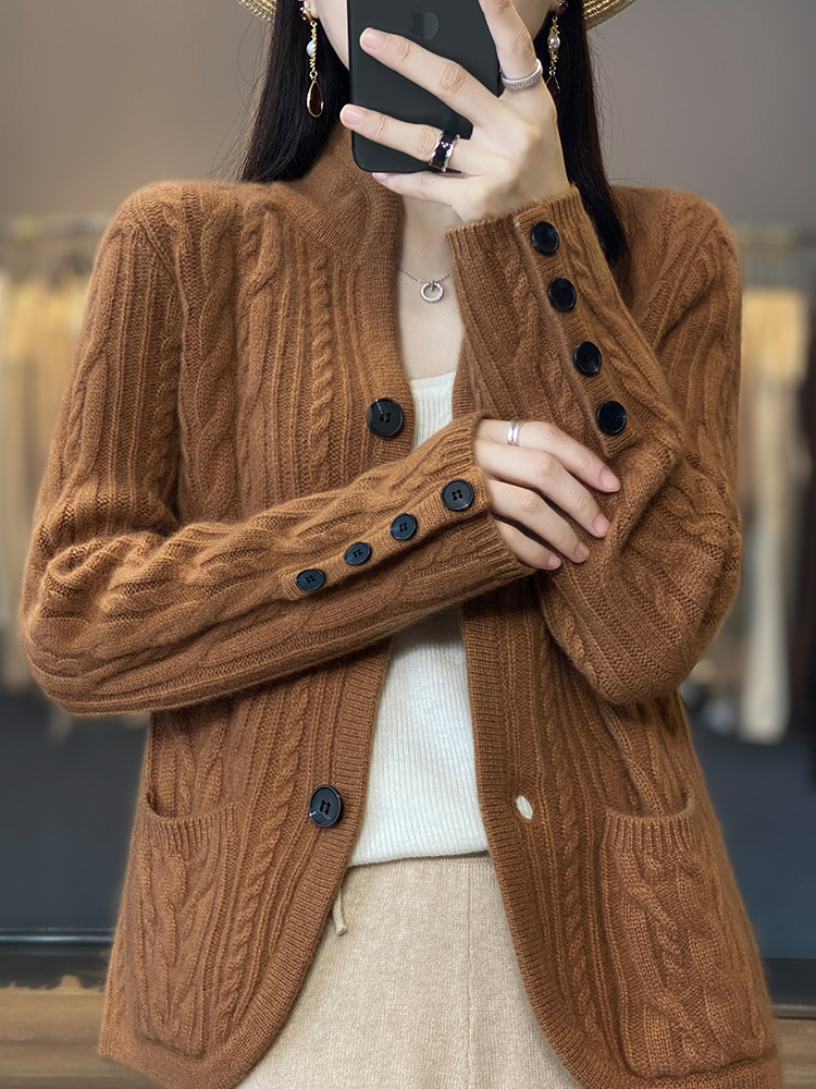 Autumn and Winter 2022 New Stand Collar Pure Cashmere Cardigan Women’s Twisted Flower Outwear Sweater Loose Slim Knitted Coat alx