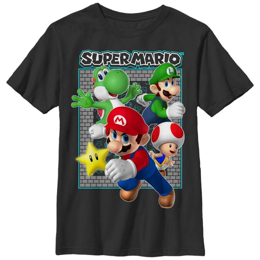 Super Mario Brothers Brick Frame Kids Youth T Shirt Black