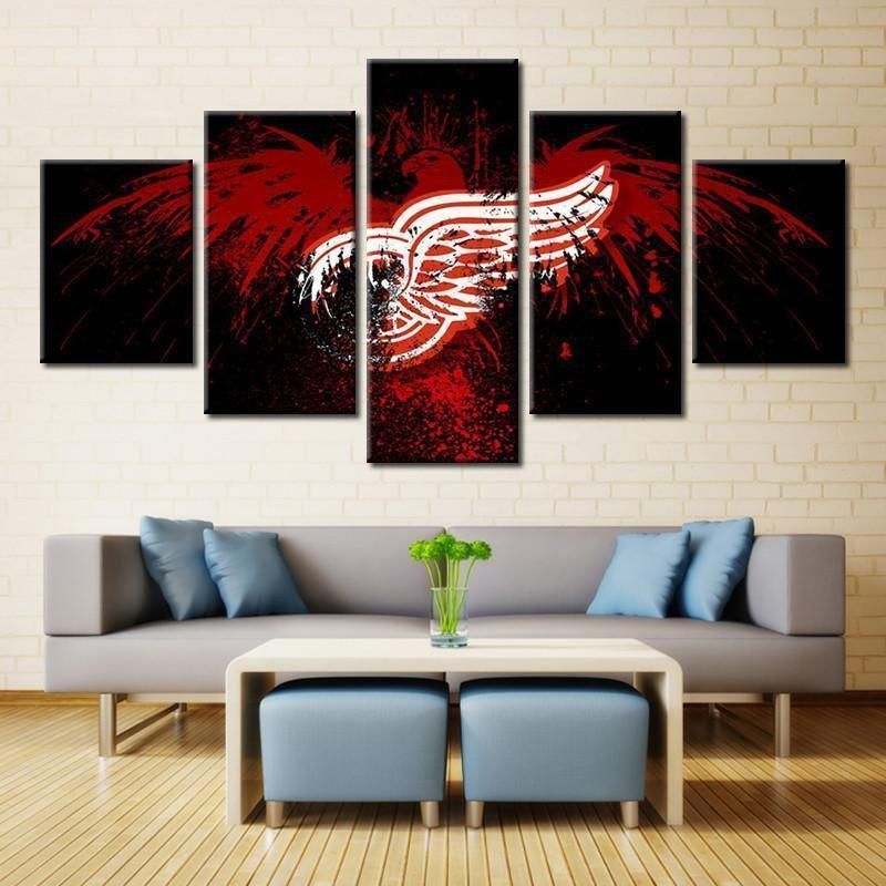 Detroit Red Wings Black Logo Ice Hockey 5 Panel Canvas Art Wall Decor