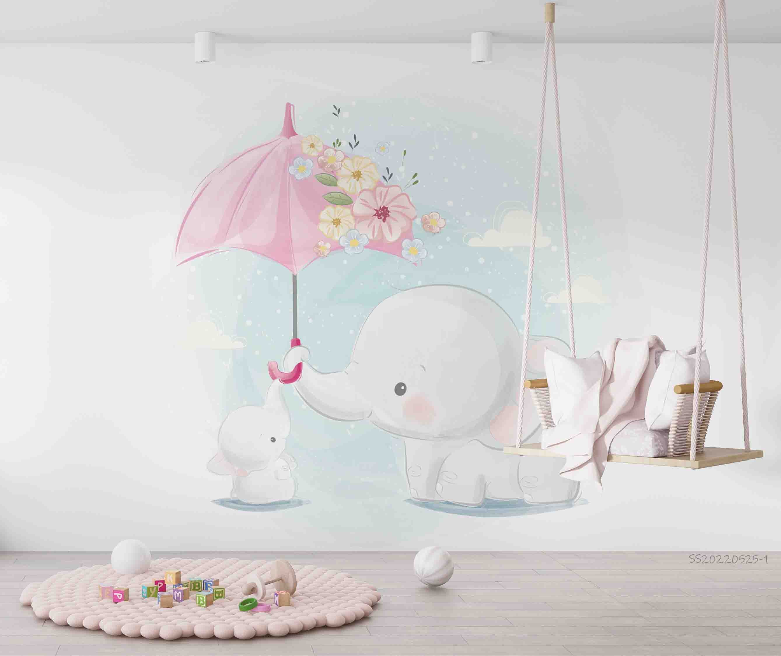 3D Cartoon Elephant Umbrella Floral Wall Mural Wallpaper Gd 4760