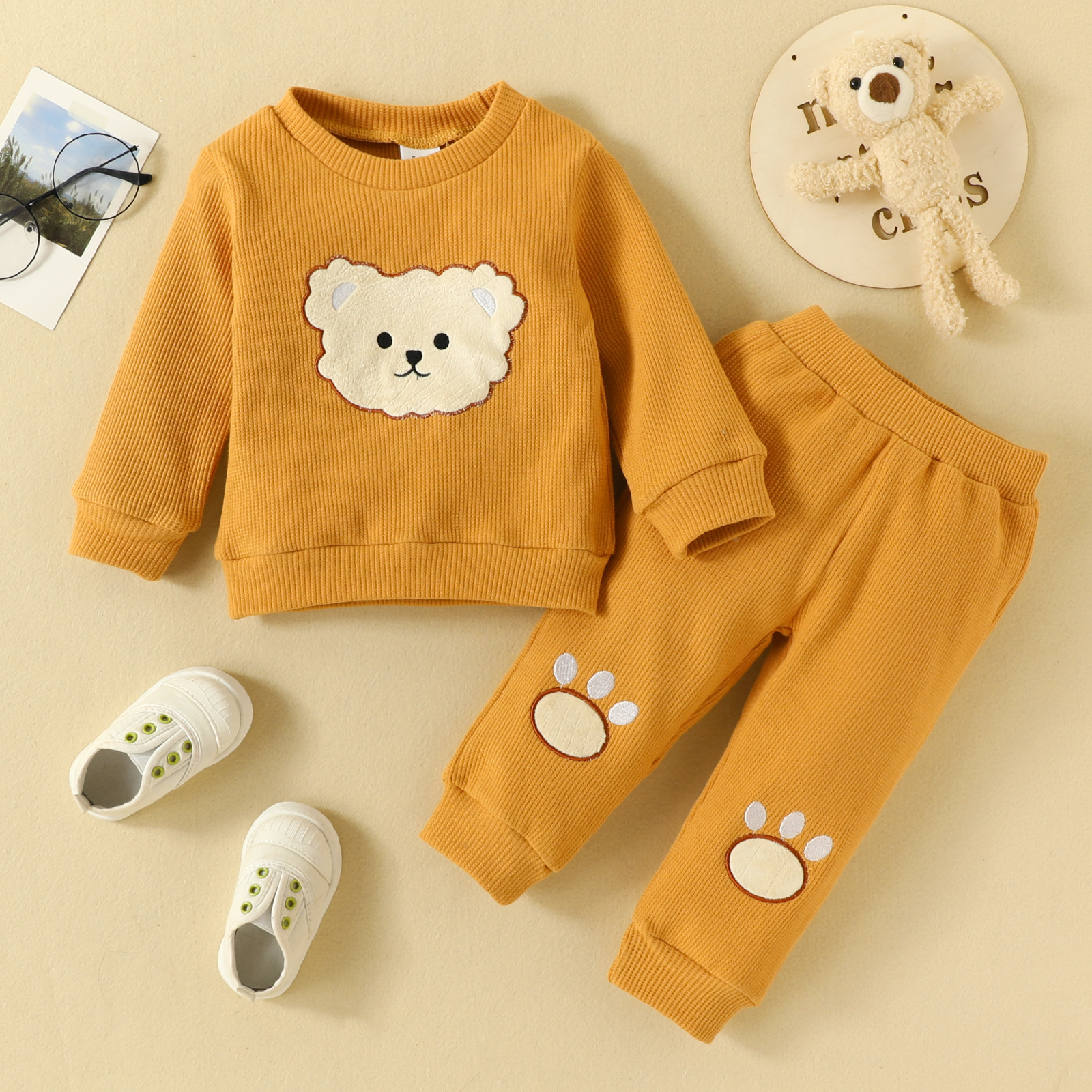 Cartoon Bear Print Cotton Cute Kids 2 Pieces Sets Long Sleeve O Neck Baby Boy Girls Sweatshirt Casual Autumn Winter Pants alx