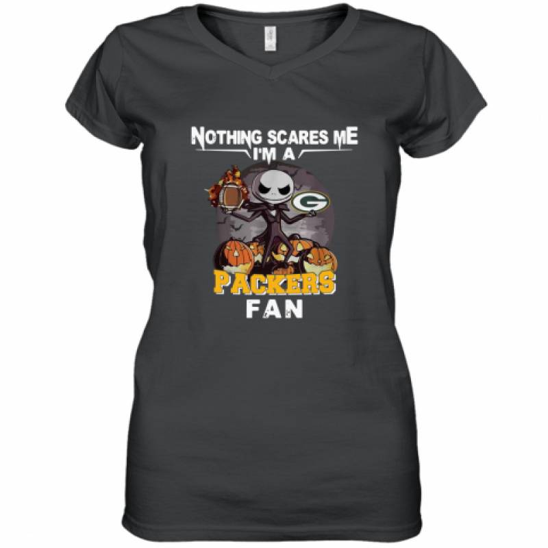 Jack Skellington nothing scares me I’m a Green Bay Packers fan shirt Women’s V-Neck T-Shirt