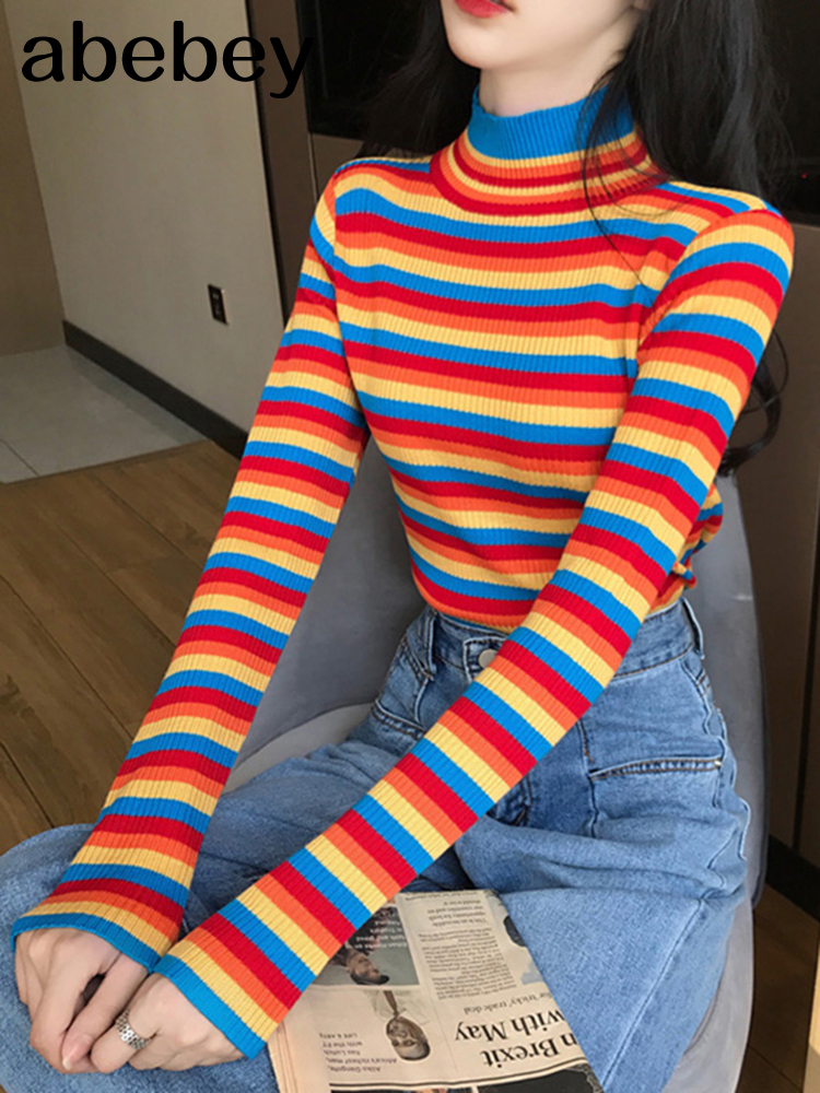 Winter Rainbow Knitted Women Sweaters And Long Sleeve Casual O-Neck Pullovers Sueter Mujer Tops Striped Turtleneck Jumper alx