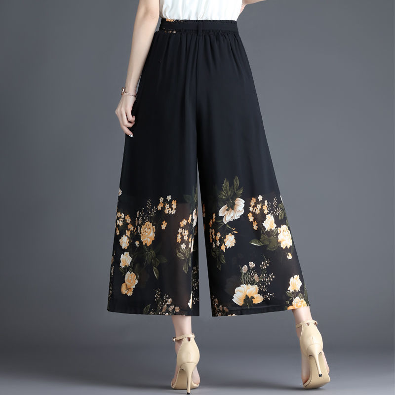 Women Elegant Wide Leg Loose Trousers Summer Elastic Waist Leisure Chiffon Ankle-length Pants Floral Print Female Trousers alx