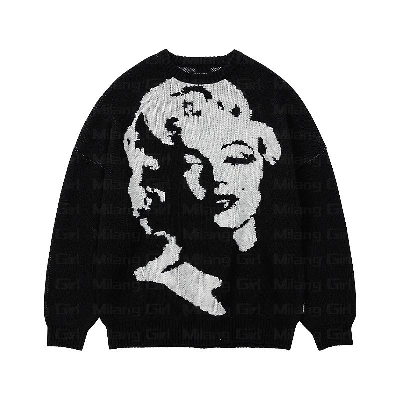 Aesthetics Harajuku Autumn Knitted Women Oversized Sweater Streetwear Men Gothic Portrait Print Sweater Pullover Cotton sweater alx