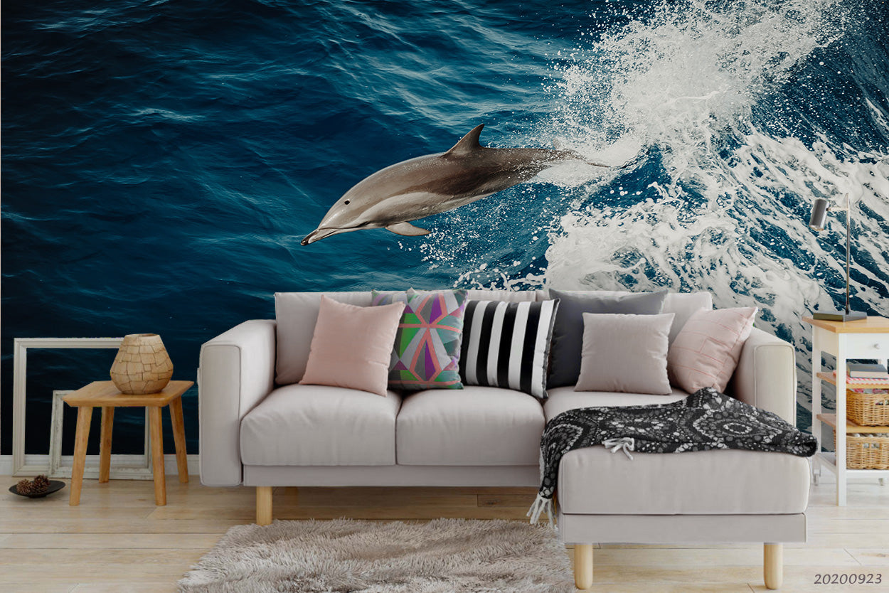 3D Sea Fish Dolphin Wave  Wall Mural Wallpaper Wj 3107