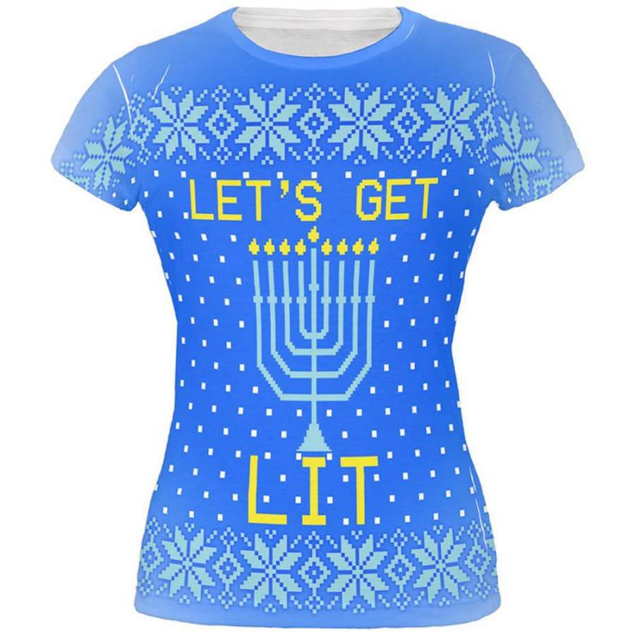 Ugly Christmas Sweater Let’s Get Lit Menorah Hanukkah All Over Juniors T Shirt