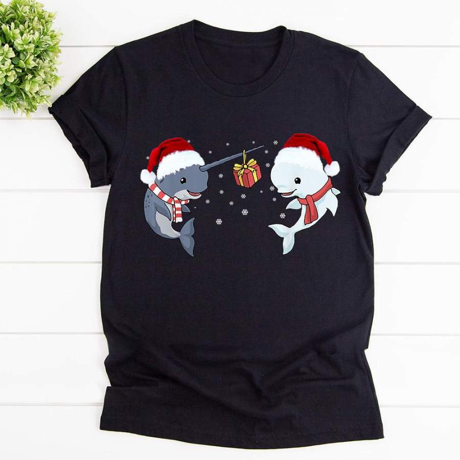 Christmas narwhal beluga whale merry christmas black cotton t shirt for men and women S-6XL