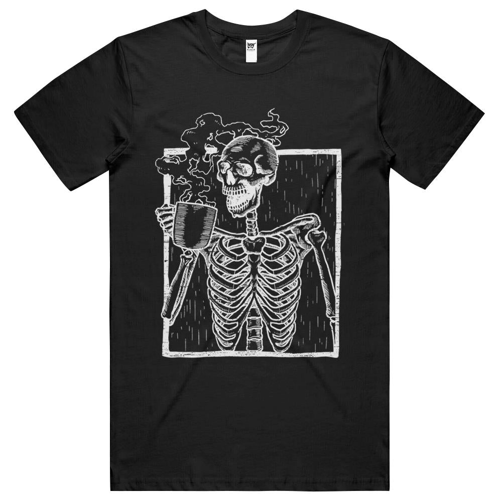 Distressed Skeleton Vintage Smiling Skull Drinking Coffee T Shirts