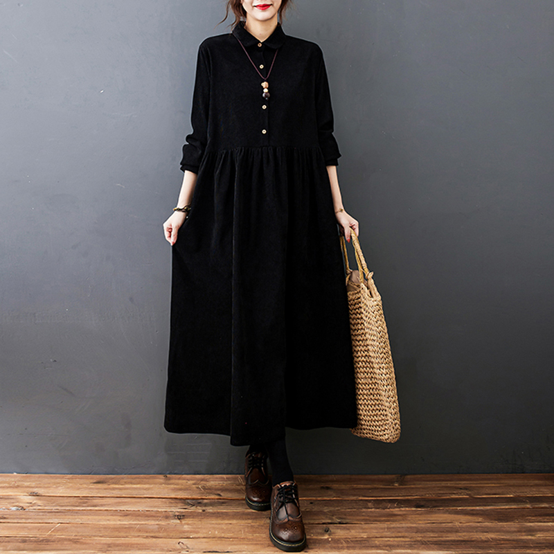 2022 New Autumn Winter Women Dress Vintage Solid Corduroy Casual Loose Fashion Long Sleeve Office Elegant Ladies Dresses Girl alx