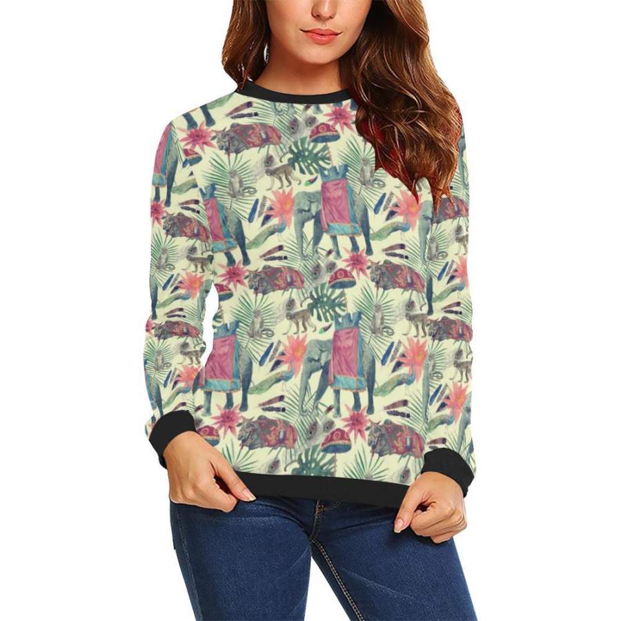 Tropical Elephant Print Women Crewneck Sweatshirt