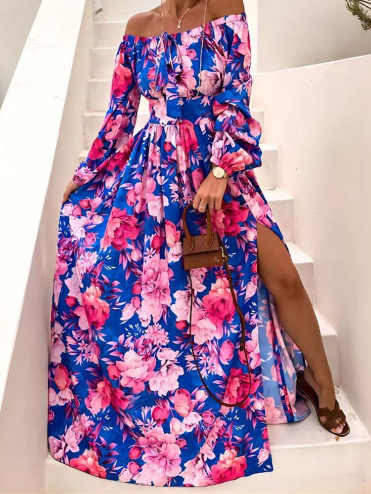 Women Lace Up High Waist Beach Dress Summer Floral Print High Slit Maxi Dress Sexy One Shoulder Long Sleeves Long Dresses Robe alx