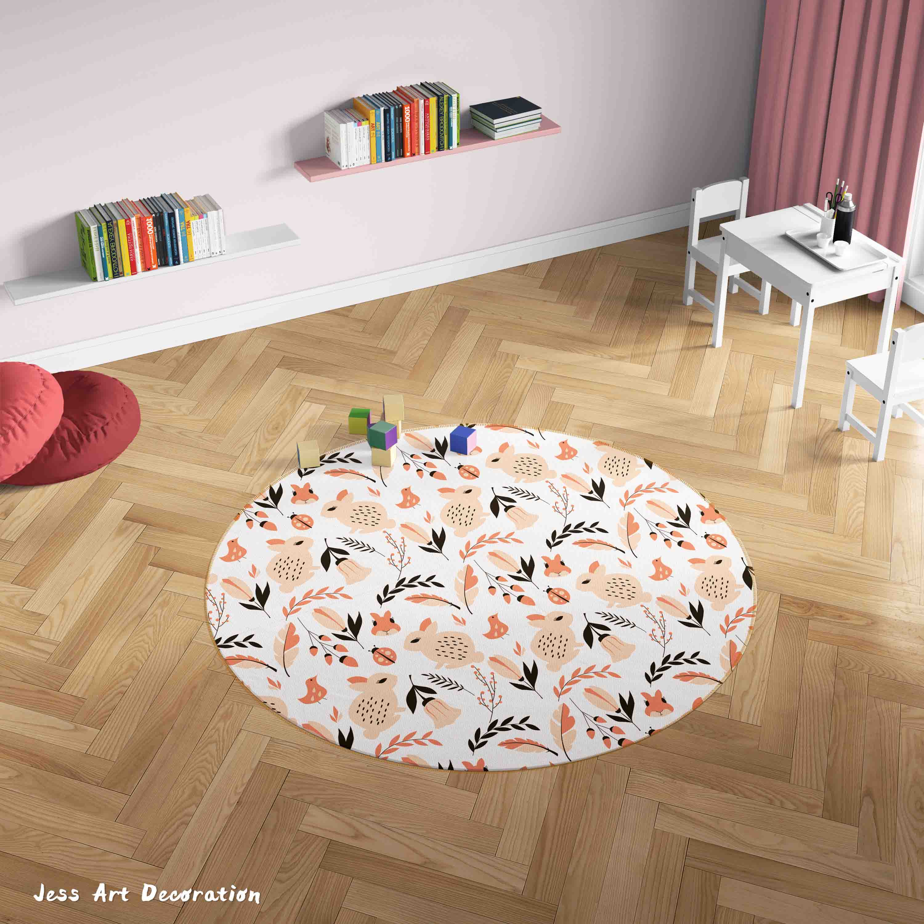 3D Cartoon Animal Bunny Floral Kids Non-Slip Round Rug Mat 105