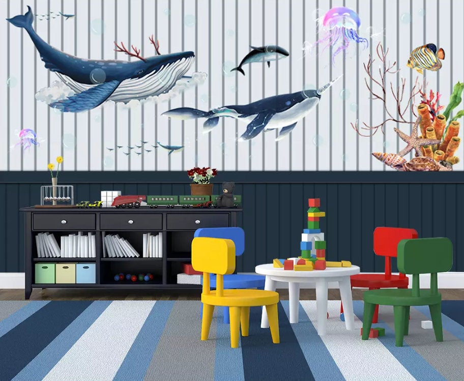 3D Kids, Cartoon, A Whale Wallpaper-Nursery Wallpaper Removable Wallpaper-Peel And Stick Wall Mural,Playroom Wallpaper Wall Deco,R