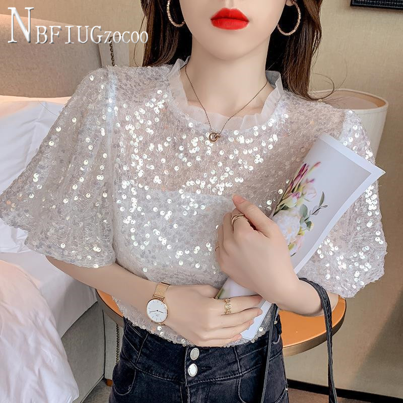 2021 Summer New Korean Chic Women T Shirt Sequin Loose Puff Sleeve Female Tee Tops alx