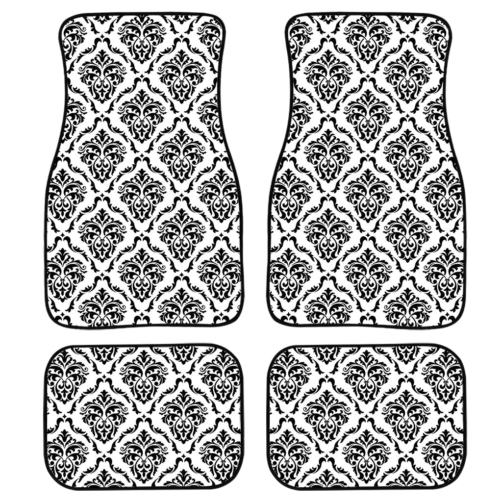 White And Black Damask Pattern Print Front And Back Car Floor Mats, Front Car Mat