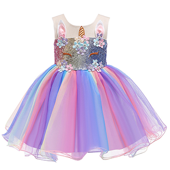 1 2 3 4 5 6 7 8 9 Years Baby Girls Dress Cute Sequin Rainbow Mesh Unicorn Christmas Little Princess Dress Birthday Kids Clothes alx