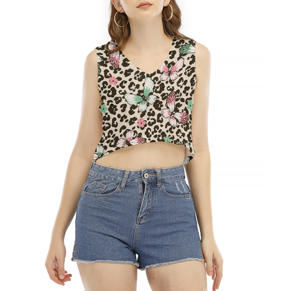 Butterflies On Leopard Dots V-Neck Sleeveless Cropped T-Shirt