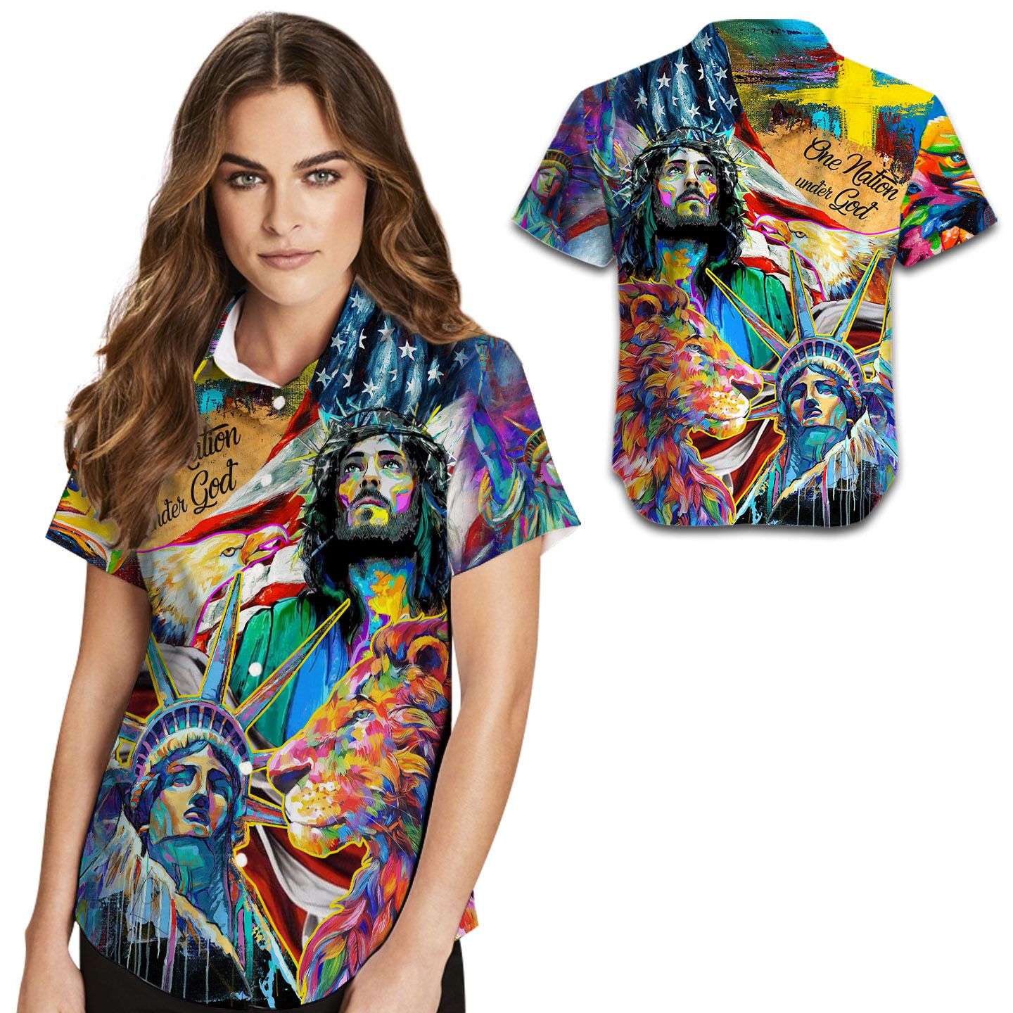 One Nation Under God Colorful Oil Painting Women Hawaii Shirt For Jesus Lovers Ha31279