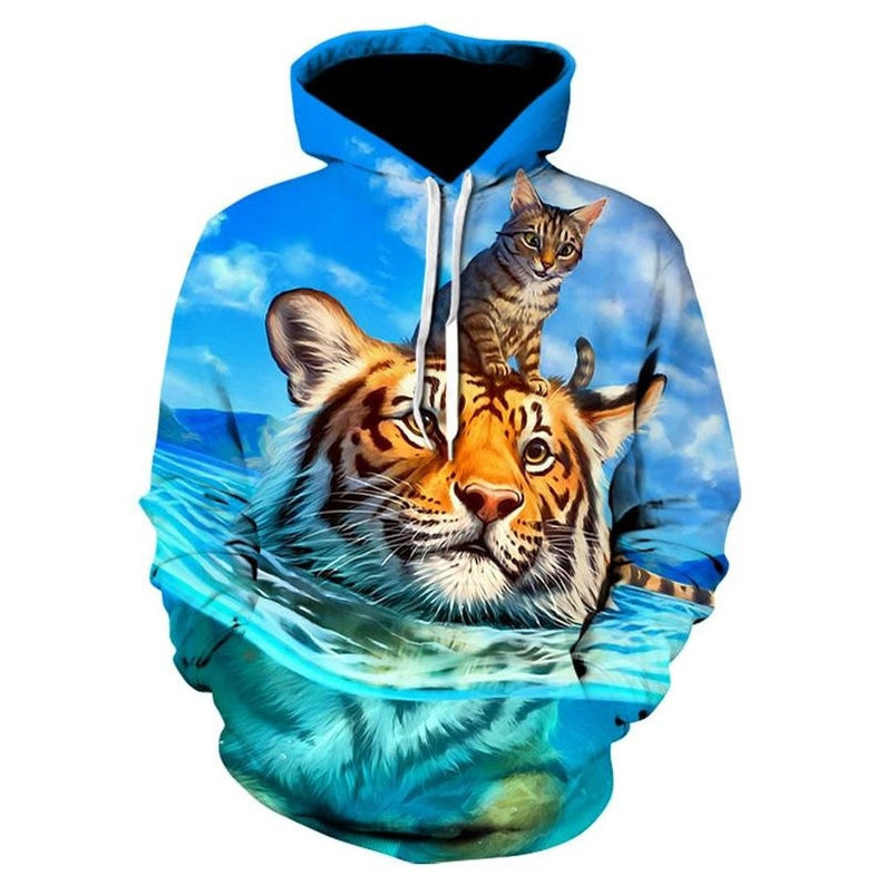 3D Print Tiger Animal Cool Funny Hoodies Sweatshirt Men Long Hoodie