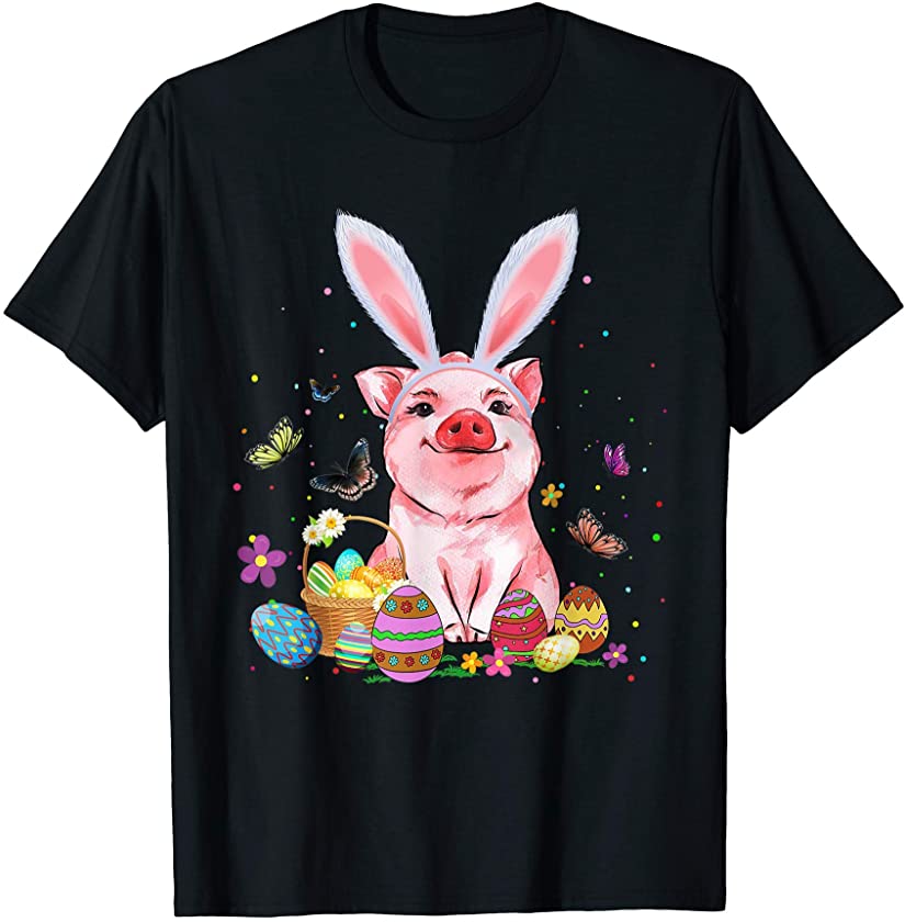 Cute Pig Bunny Egg Hunting Colorful Egg Happy Easter Day T-Shirt