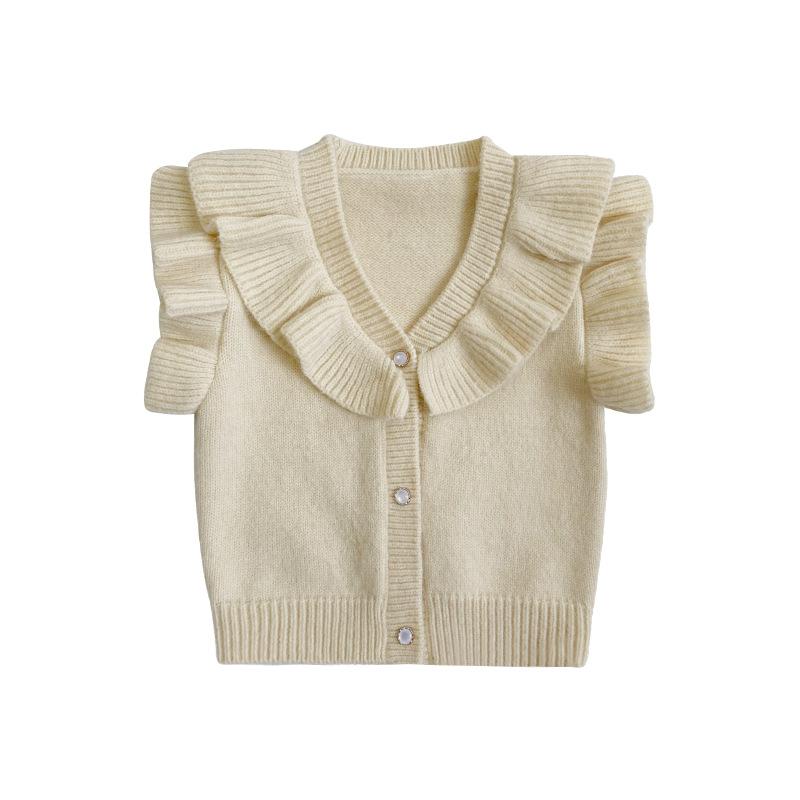 2022 Autumn New Girls Sleeveless Knit Vest Solid Baby Princess Cardigan Girls Knitted Jacket Children Lace Collar Sweater Tops alx