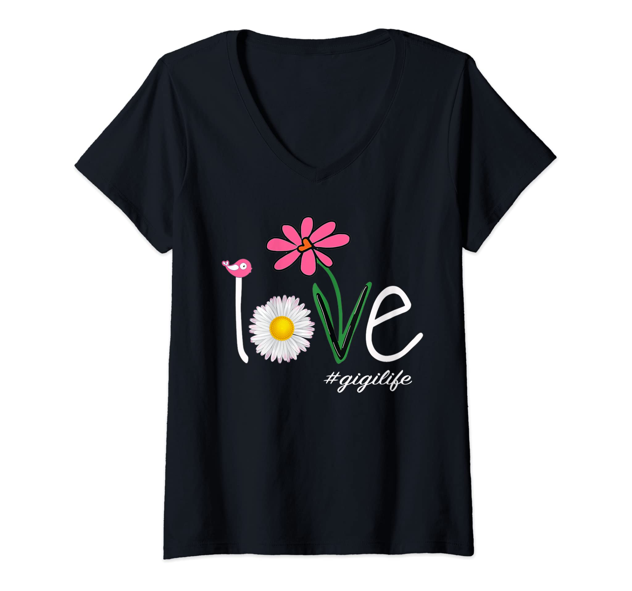 Womens Love Gigi life Daisy flower bird mother’s day gift V-Neck