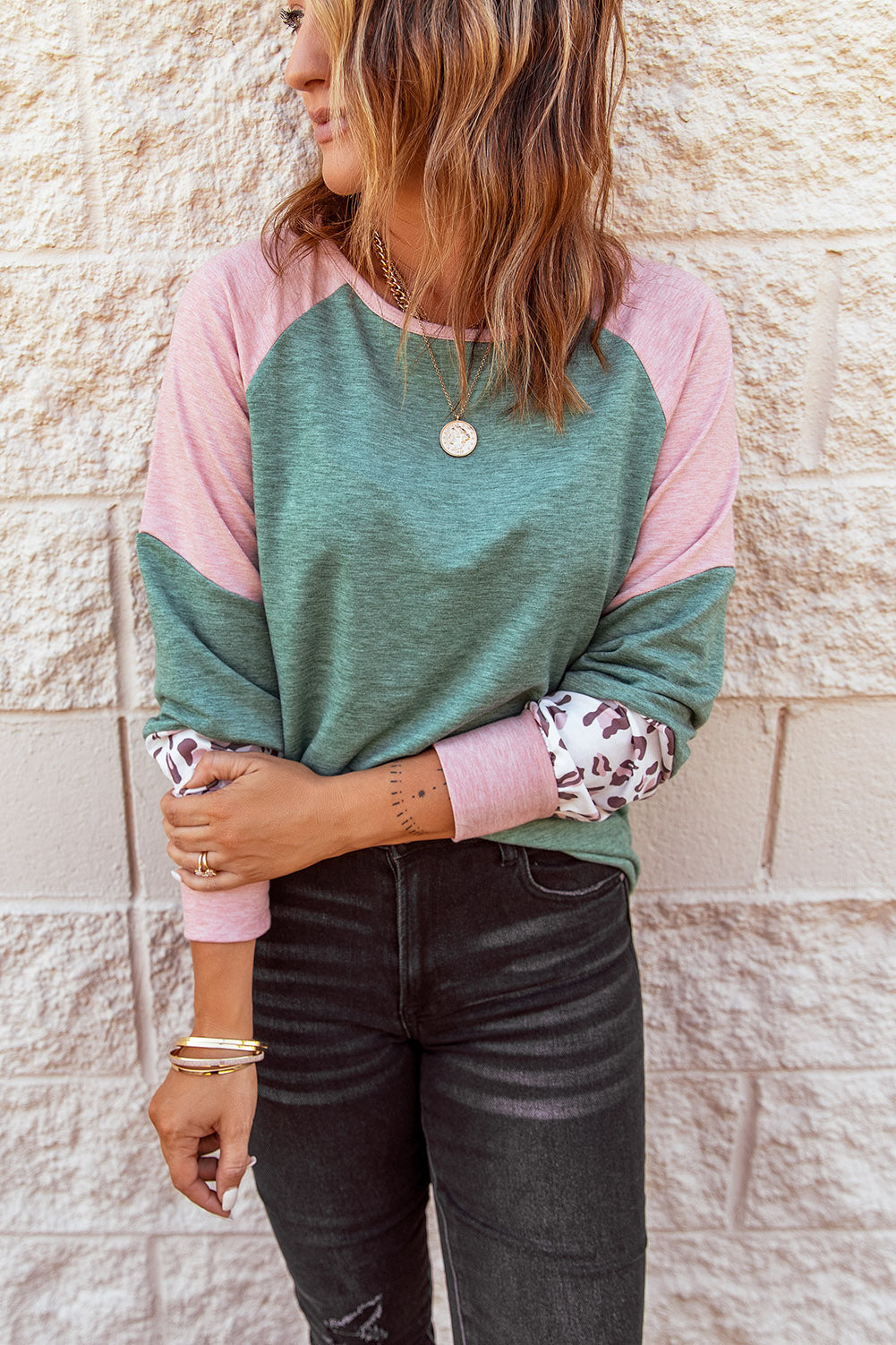 Round Neck Leopard Color Block Long Sleeve Top