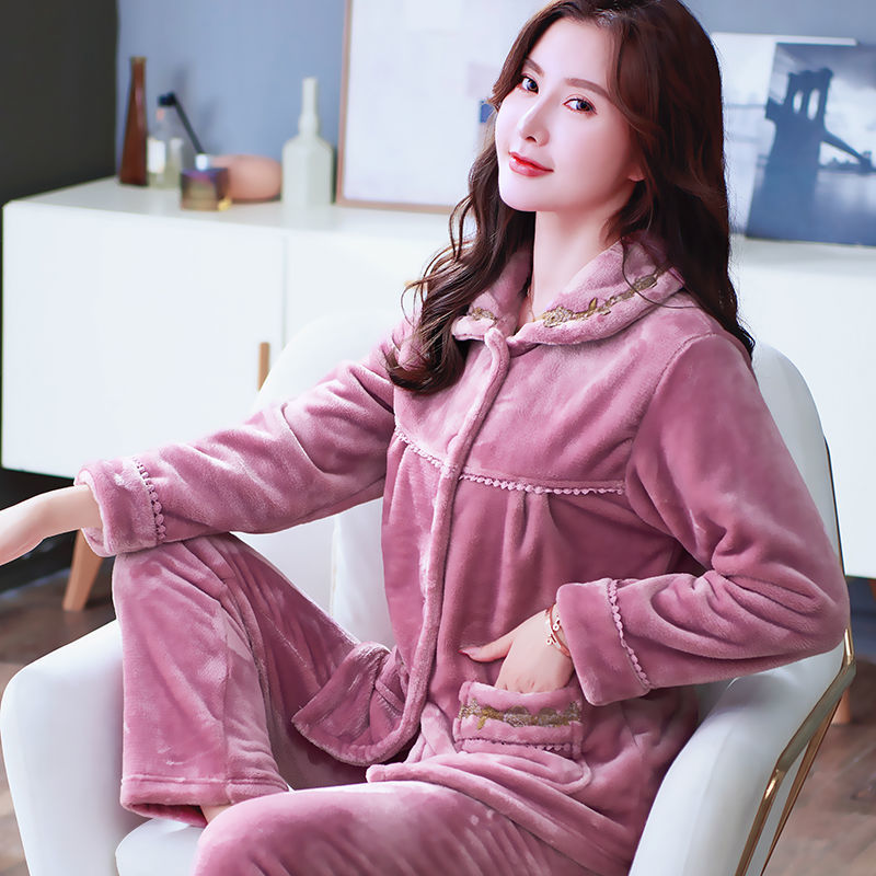 Winter Pajama Sets Women Single Breasted Tops Ankle Length Pants Thicker Cozy Nightwear Flannel Floral Warm Lounge Trendy Casual alx