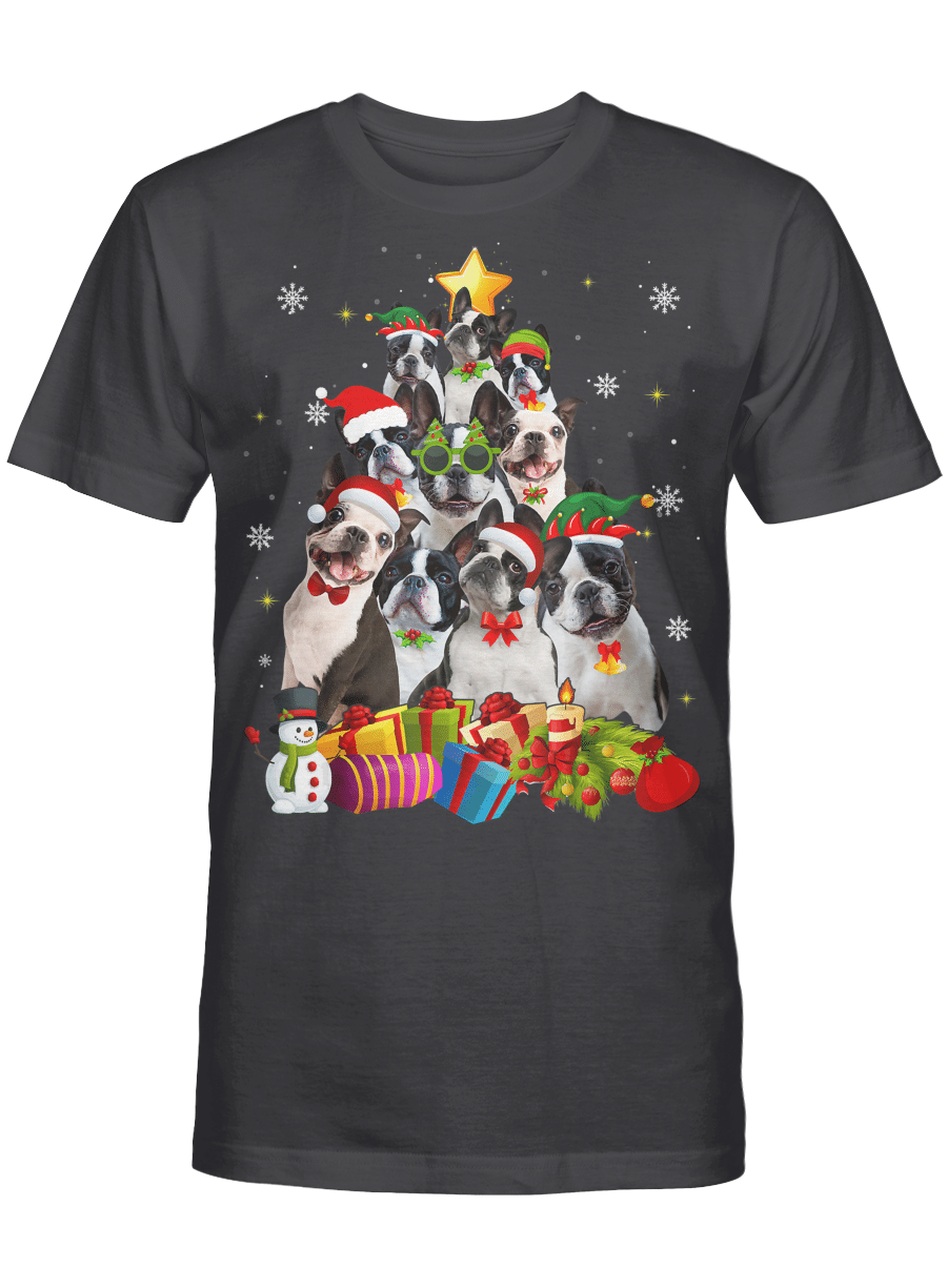 AmazeStyleZ Santa’s Reindeer, Ugly Christmas Sweater, Christmas Gift Ideas, Funny Boston Terrier Christmas Tree Gifts Xmas T-Shirt