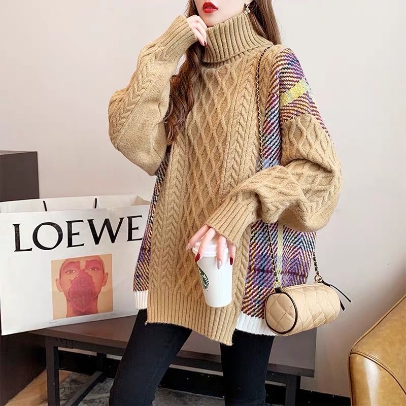 Women’s Plaid Autumn Winter Sweater Lapel Twist Loose Slim Pullover Patchwork Casual Cashmere Knit Sweater 2021 New alx