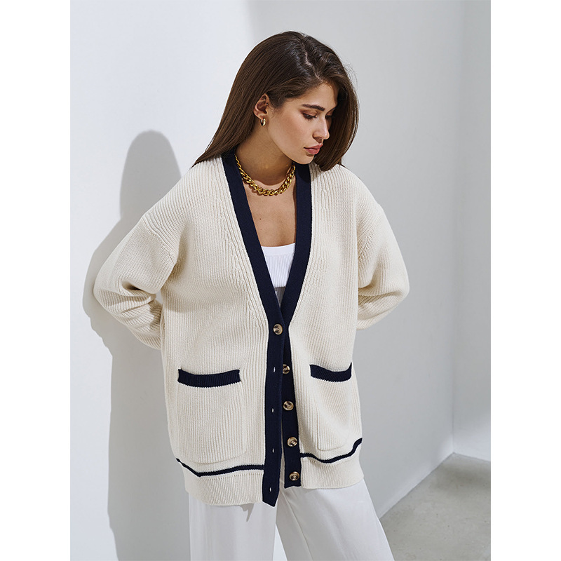 Vintage V-neck Contrast Sweater Cardigan Autumn Winter American Elegant Double Pocket Sweater Coat alx