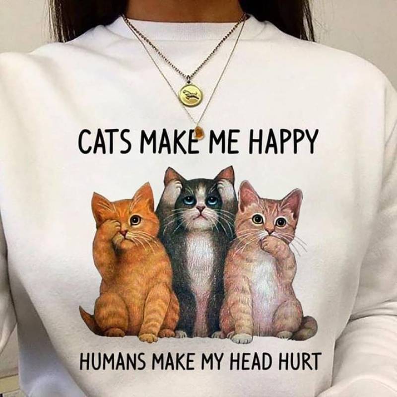 Cats Make Me Happy Humans Make My Head Hurt Cute Cat Trio Ginger Cat Tabby Cat Gray Cat Lovely Kittens Adorable Gift For Cat Lovers White Men And Women T Shirt S-5Xl