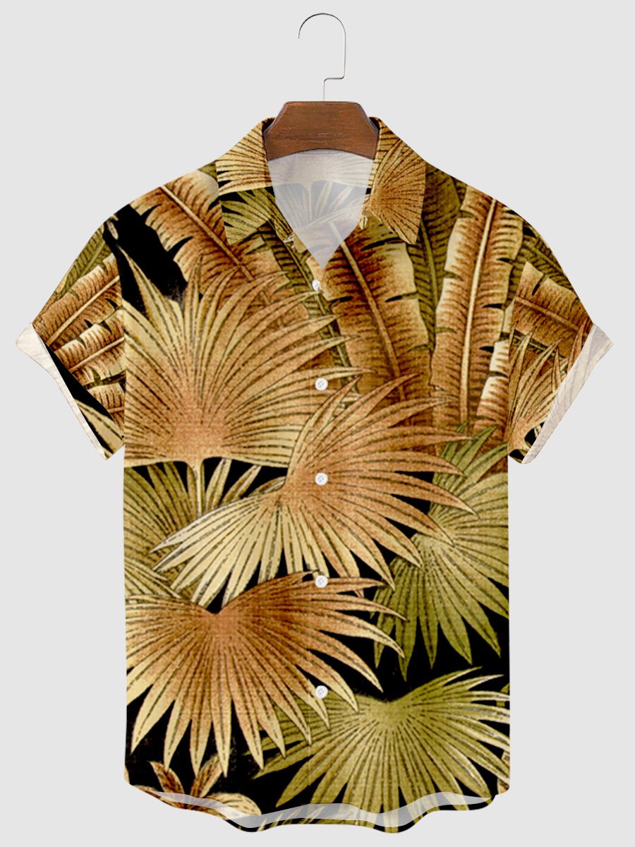 Mens Palm Leaf Print Lapel Casual Loose Short Sleeve Hawaii Shirt Ha96851