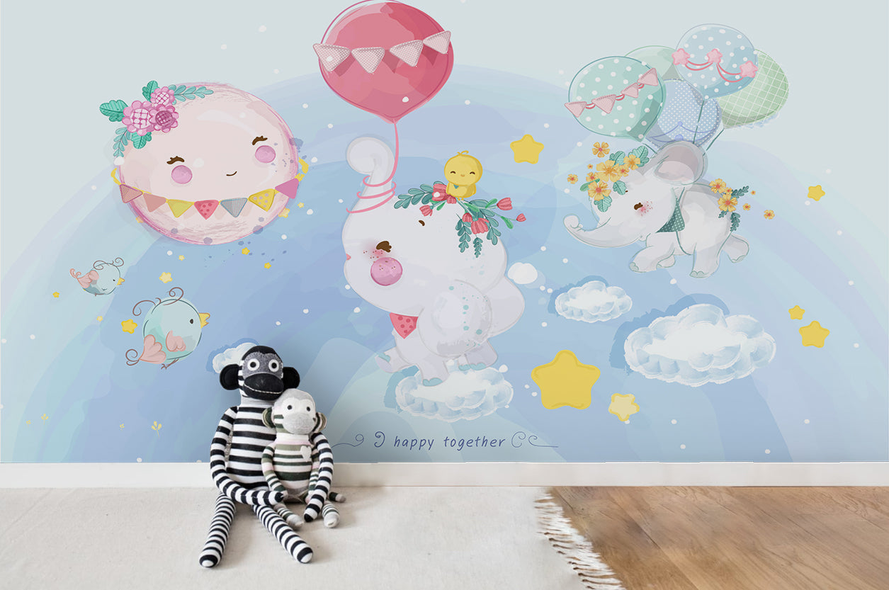 3D Cartoon Elephant Balloon Wall Mural Wallpaper  Sww 13