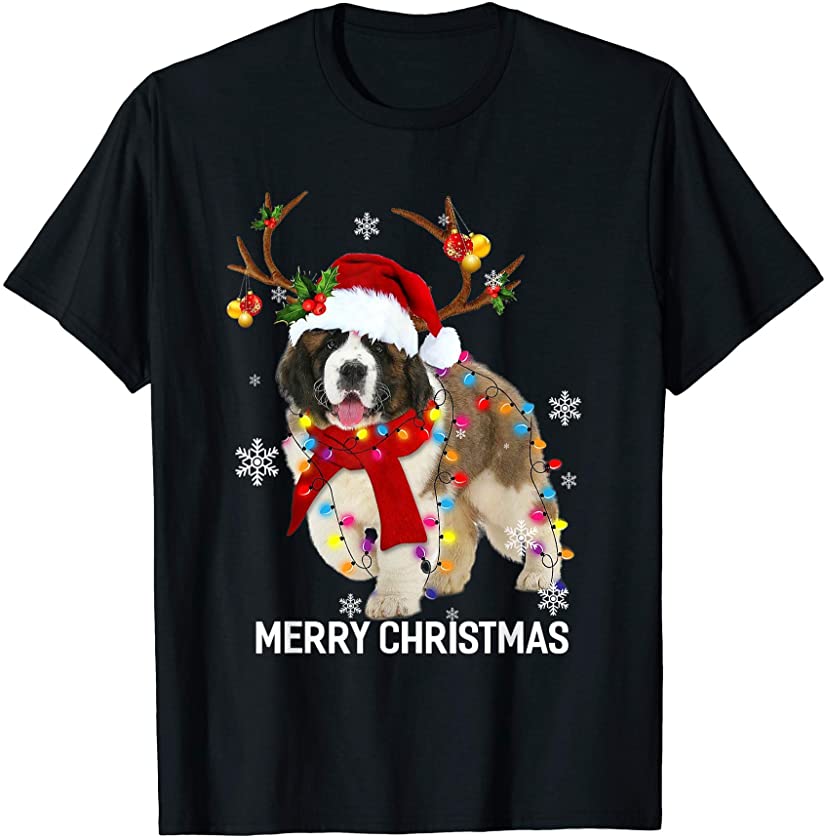 St Bernard Reindeer Xmas Light Christmas Ornaments Xmas Dog T-Shirt