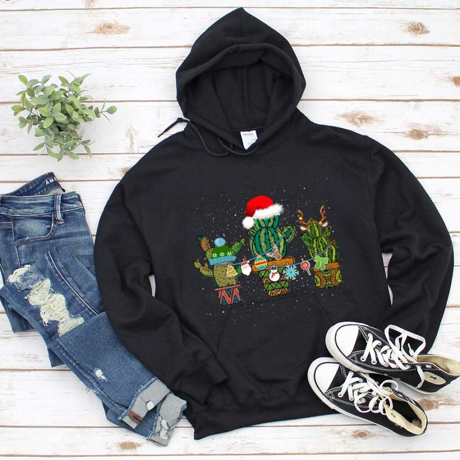 Christmas funny cactus santa hat xmas tree snow black hoodie for men and women S-5XL